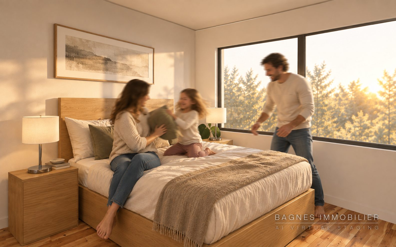 Chambre principale avec lit en bois, lampe de chevet et fenêtre en bandeau sur les arbres.