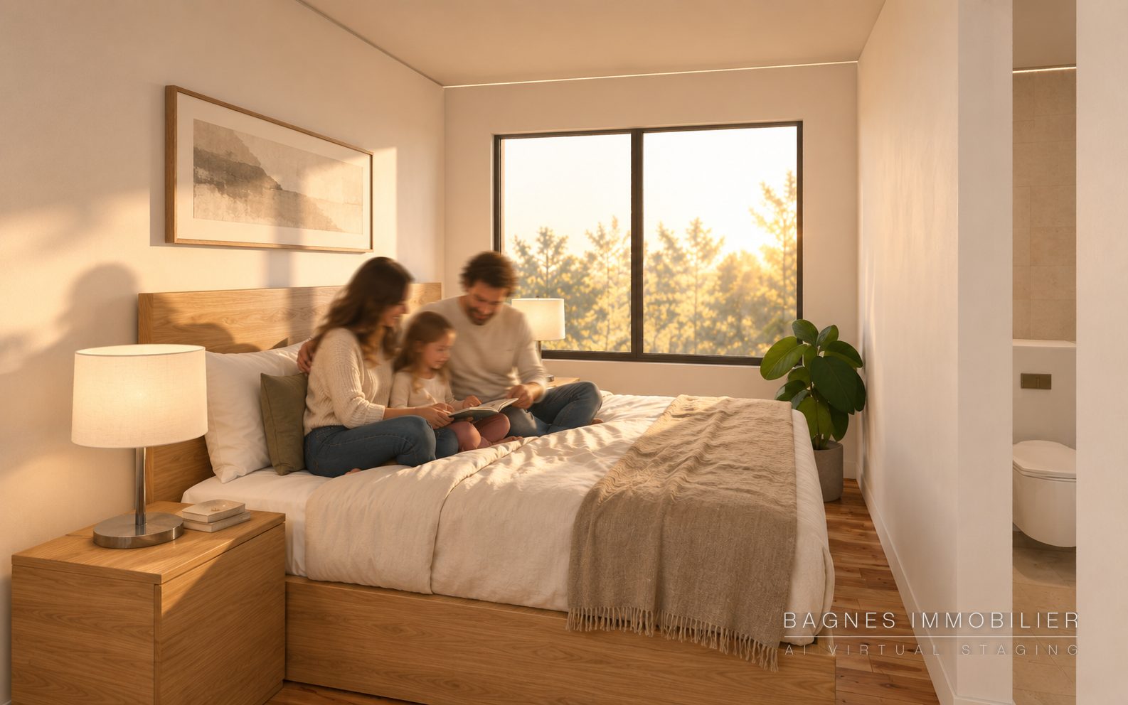 Chambre avec lit en bois clair, fenêtre sur les arbres et salle d'eau attenante.
