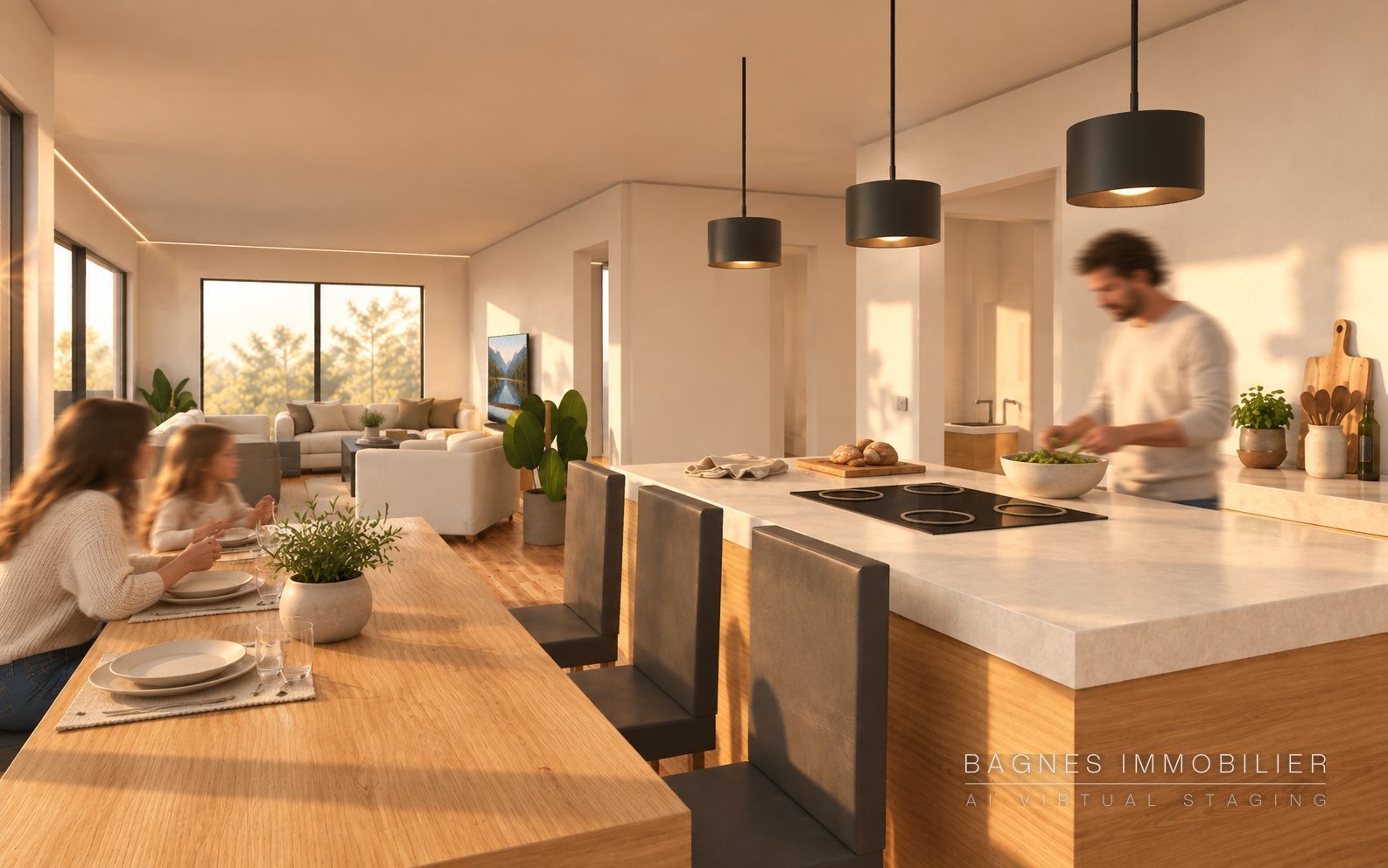 Coin repas avec grande table en bois, îlot de cuisine et salon en arrière-plan.