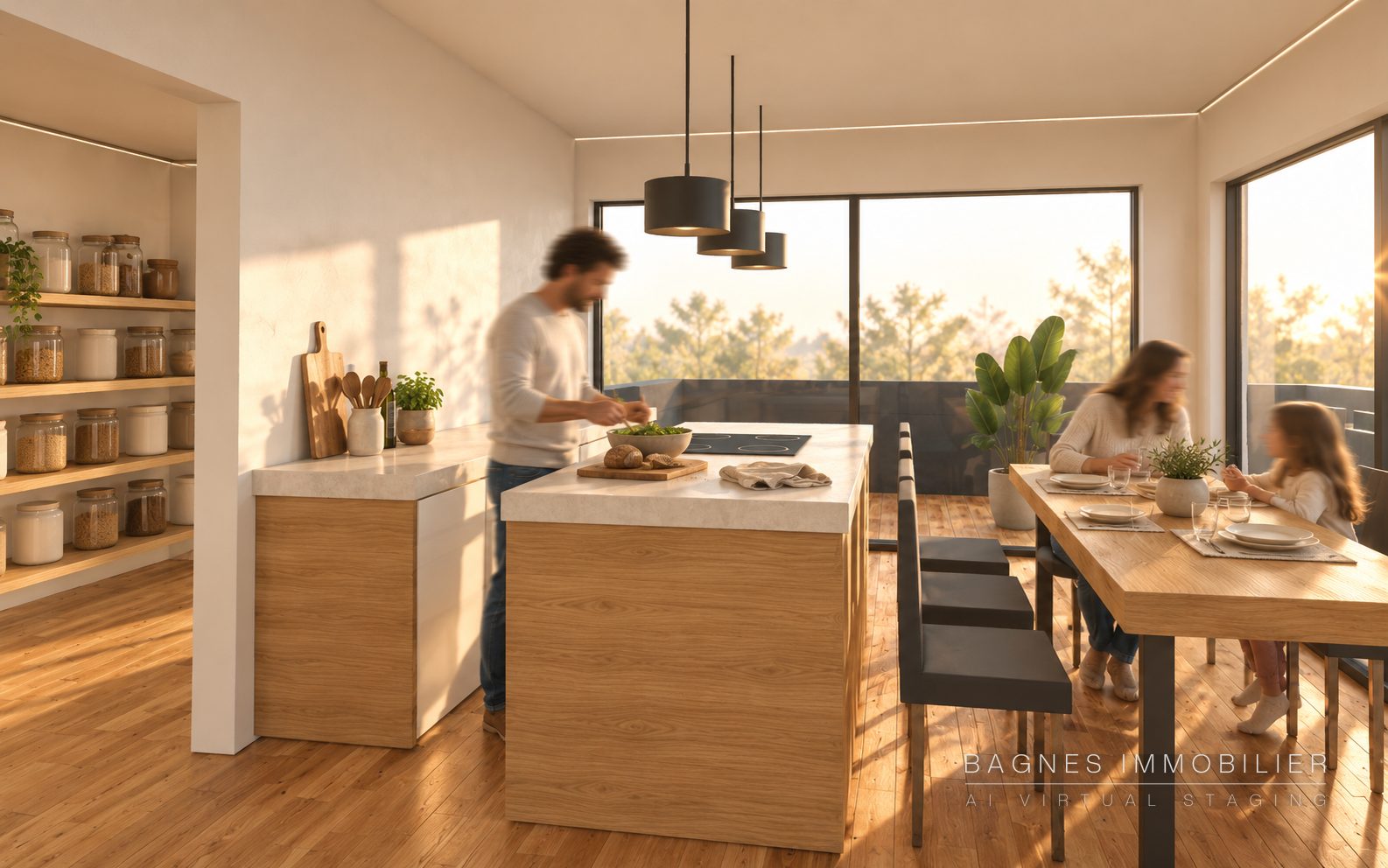 Cuisine avec îlot central en bois clair et coin repas, face aux fenêtres.