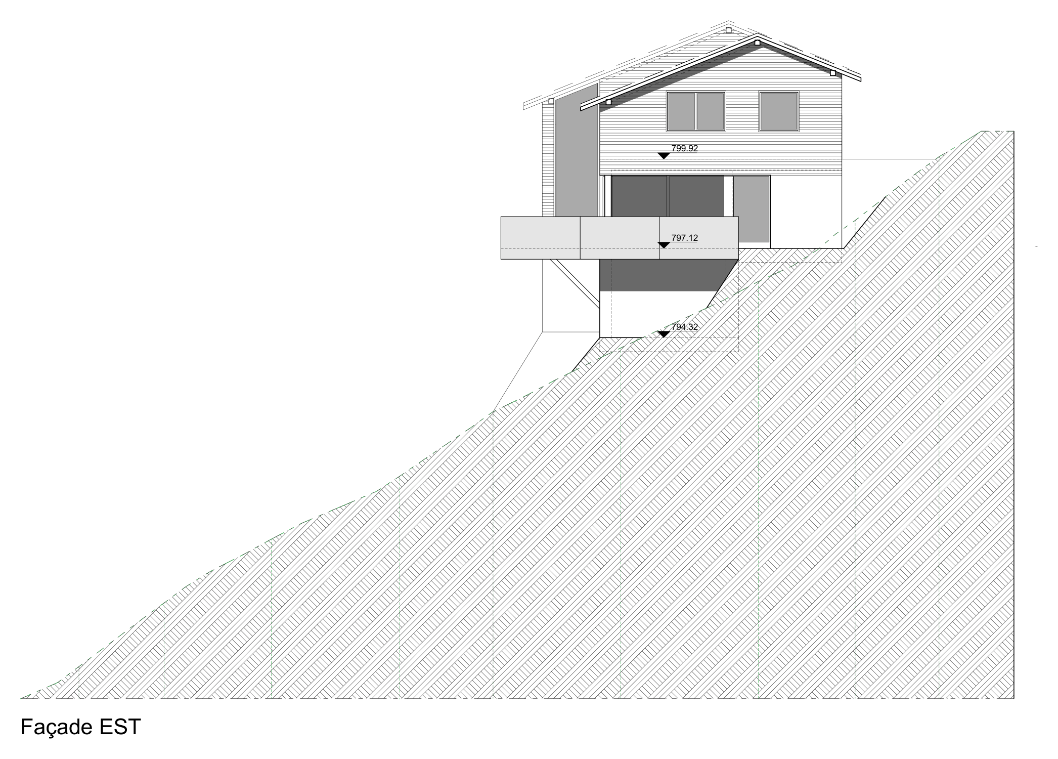 Élévation de la façade est de la villa dans la pente.