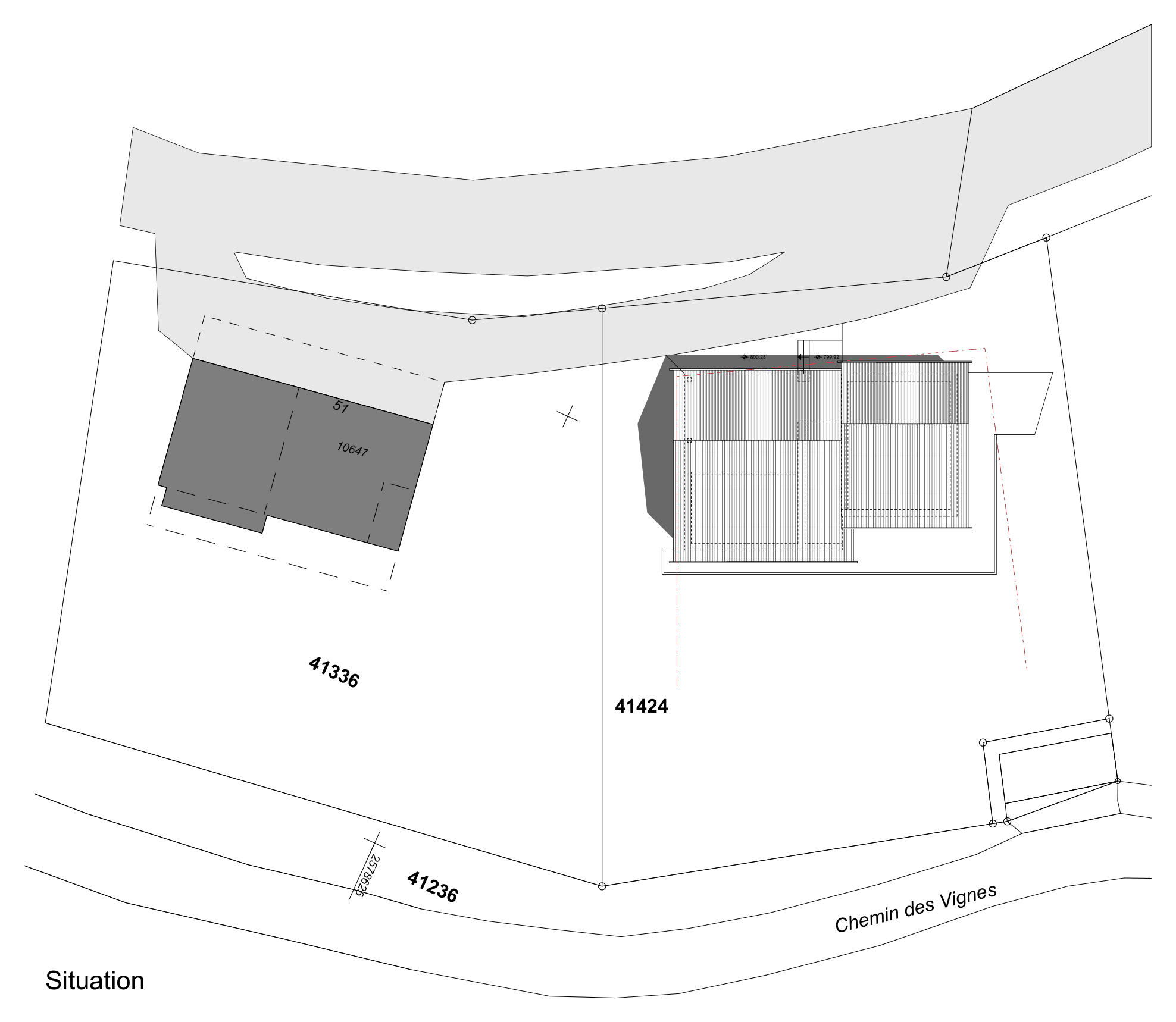 Plan de situation : la parcelle 41424 et l'implantation de la villa en bordure du chemin.