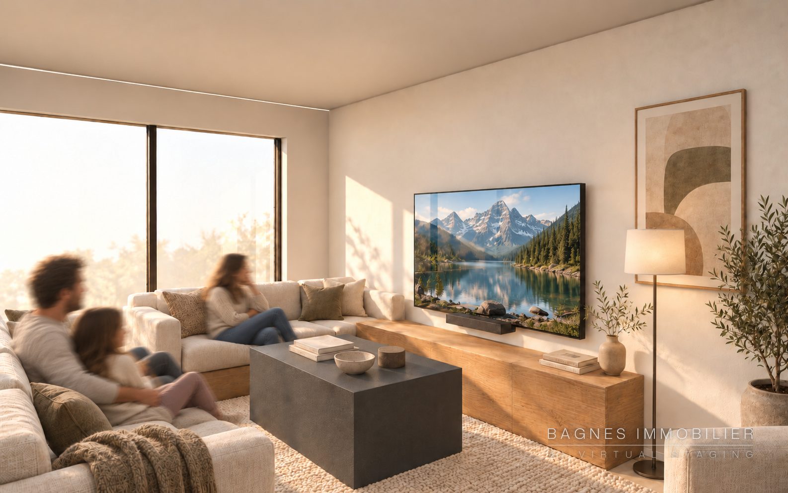 Salon avec canapé, meuble bas en bois et télévision, fenêtre sur les arbres.