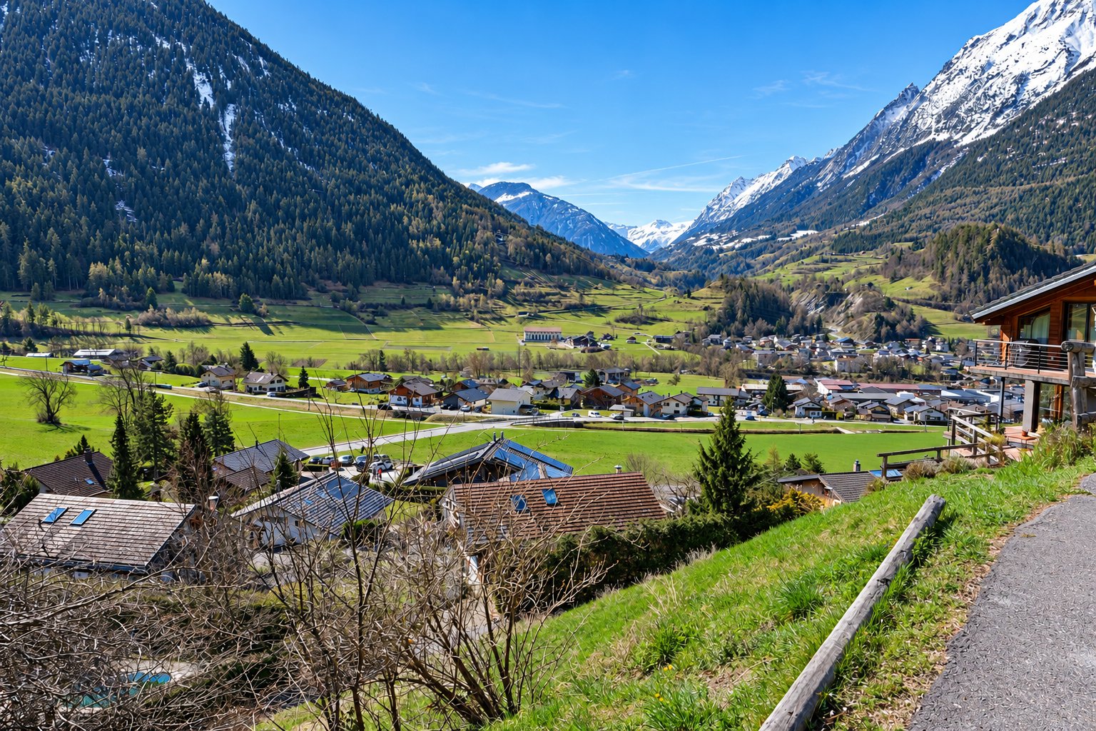 La vue depuis le terrain : la plaine d'Entremont, les villages et les sommets enneigés.